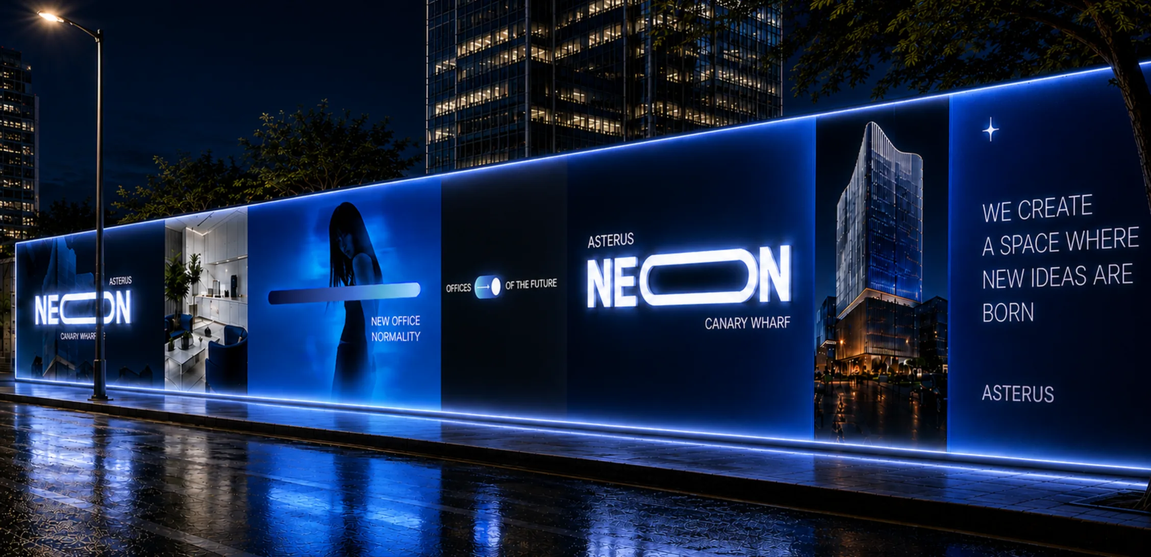 the NEON hoarding lit at night