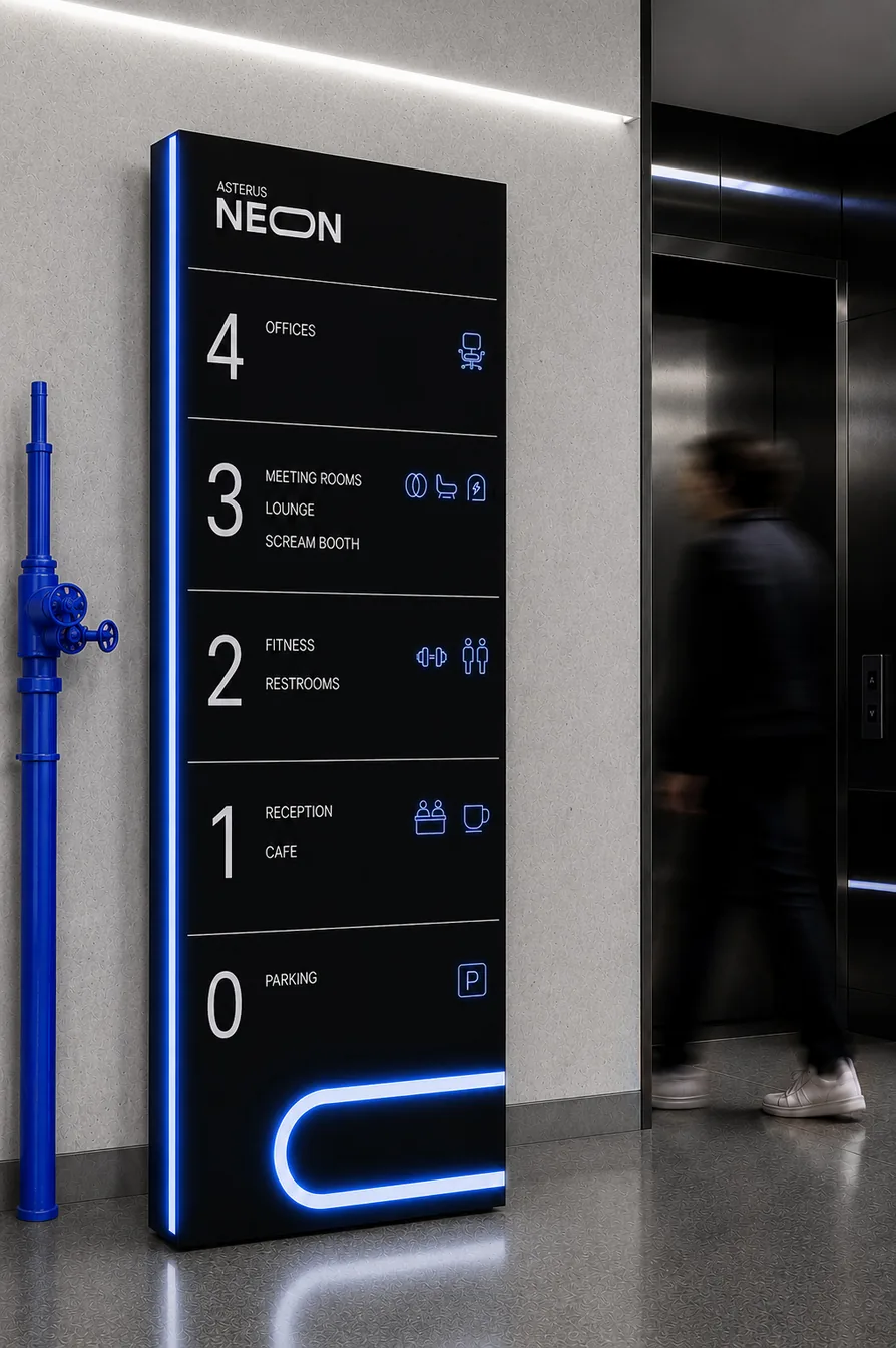 a floor directory by the lifts