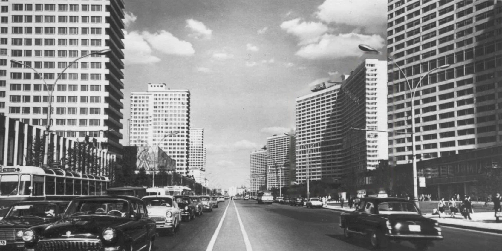Kalinin Avenue in the late sixties, the book-shaped building on the right